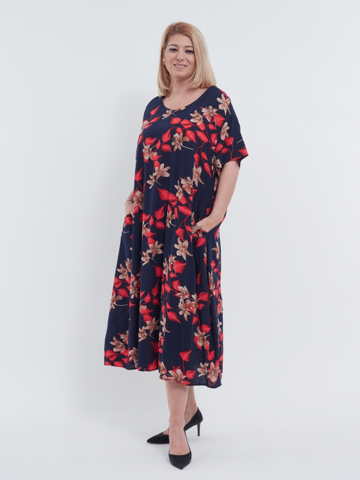 Rochie lunga de vara cu imprimeu floral diafan, maneci scurte, buzunare practice si croi lejer din viscoza fluida, bleumarin [4]