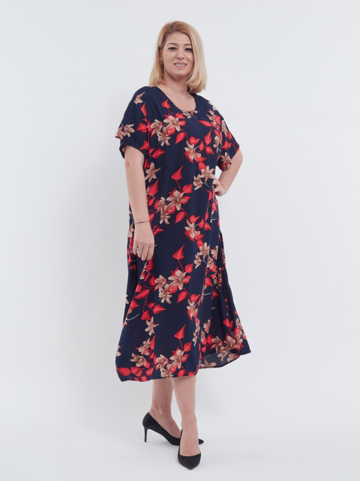 Rochie lunga de vara cu imprimeu floral diafan, maneci scurte, buzunare practice si croi lejer din viscoza fluida, bleumarin [2]