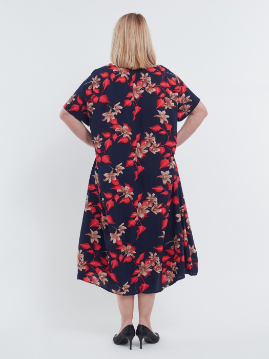 Rochie lunga de vara cu imprimeu floral diafan, maneci scurte, buzunare practice si croi lejer din viscoza fluida, bleumarin [3]