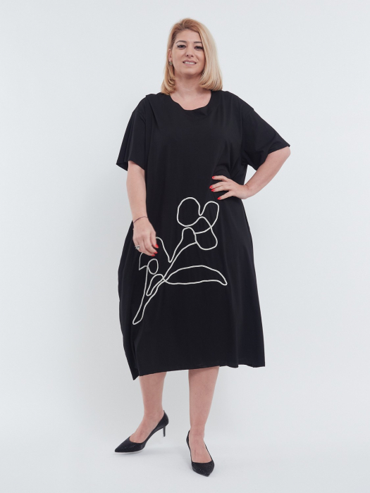 Rochie lunga de vara din bumbac fin cu aplicatie florala aurie rafinata maneci scurte buzunare practice si croiala lejera casual negru [1]