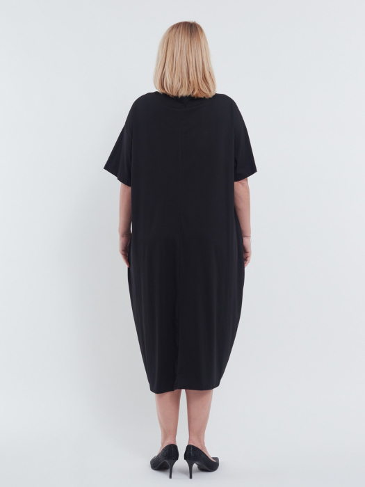 Rochie lunga de vara din bumbac fin cu aplicatie florala aurie rafinata maneci scurte buzunare practice si croiala lejera casual negru [3]