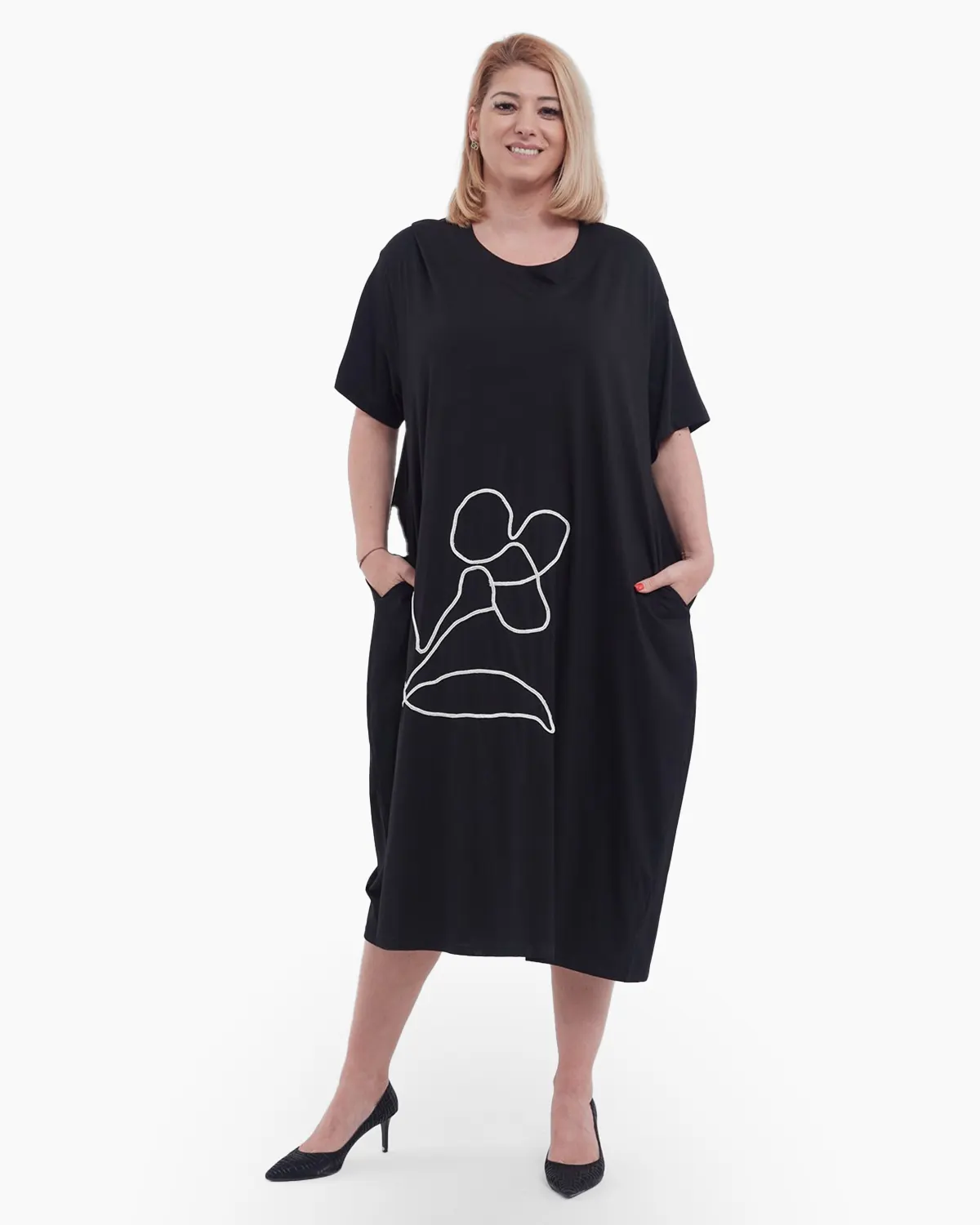 Rochie lunga de vara din bumbac fin cu aplicatie florala aurie rafinata maneci scurte buzunare practice si croiala lejera casual negru [4]
