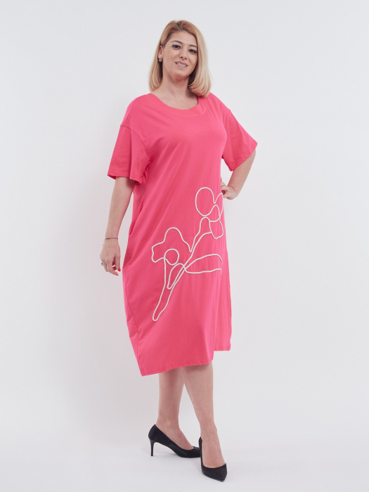 Rochie lunga de vara eleganta din bumbac cu maneci scurte detaliu floral auriu croiala A-line si buzunare ciclam [2]