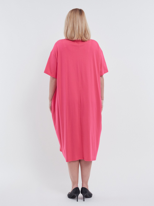 Rochie lunga de vara eleganta din bumbac cu maneci scurte detaliu floral auriu croiala A-line si buzunare ciclam [3]
