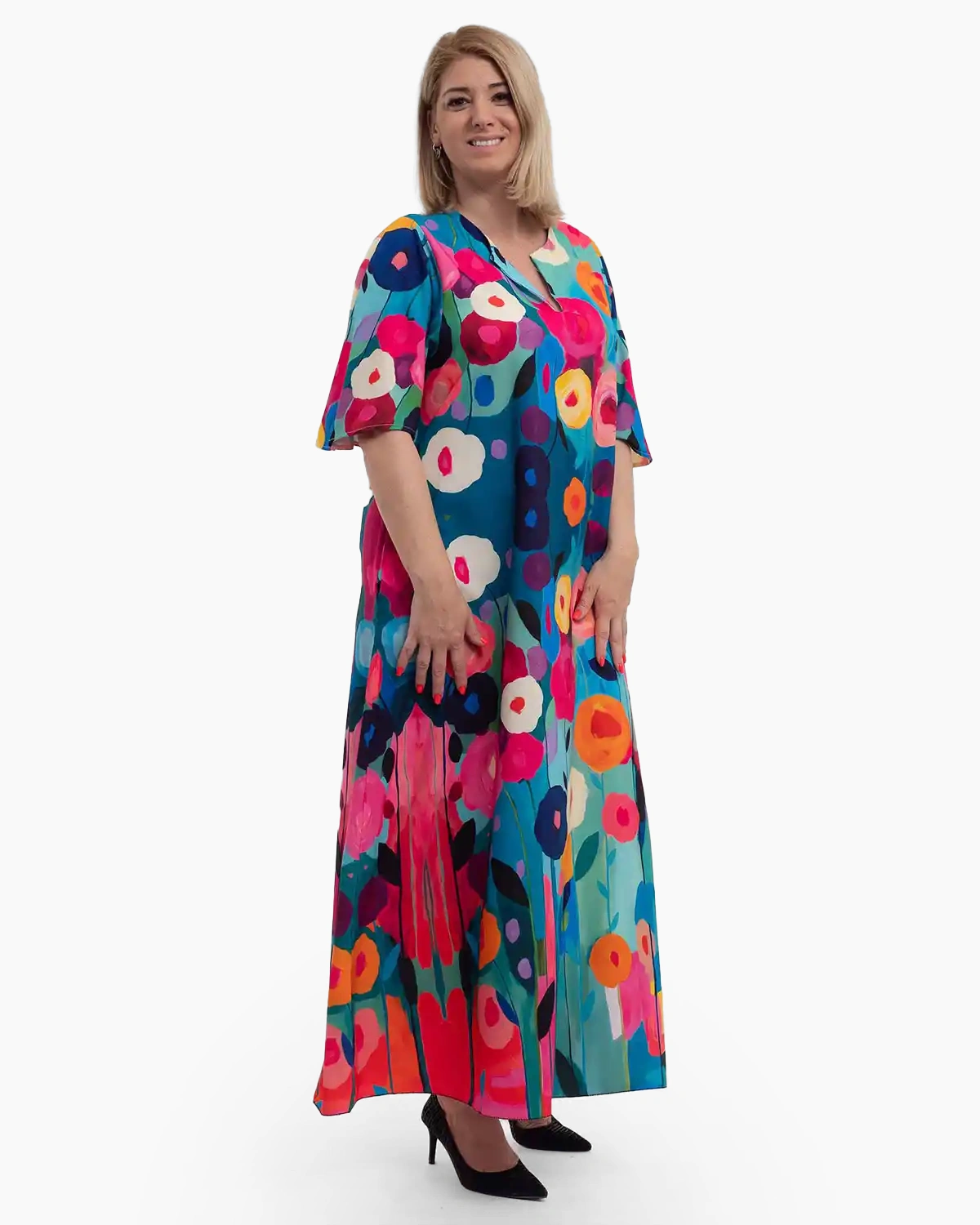 Rochie lungă de vară multicoloră cu imprimeu floral [3]