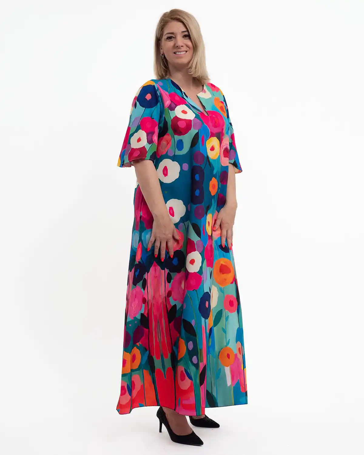 Rochie lungă de vară multicoloră cu imprimeu floral [3]