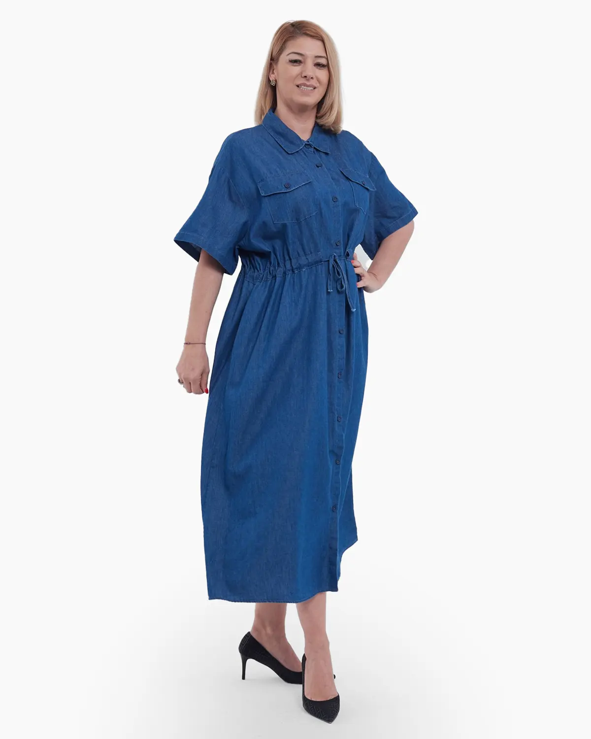 Rochie lunga de vara tip camasa cu nasturi snur in talie umeri cazuti si buzunare discrete talie unica albastru [3]