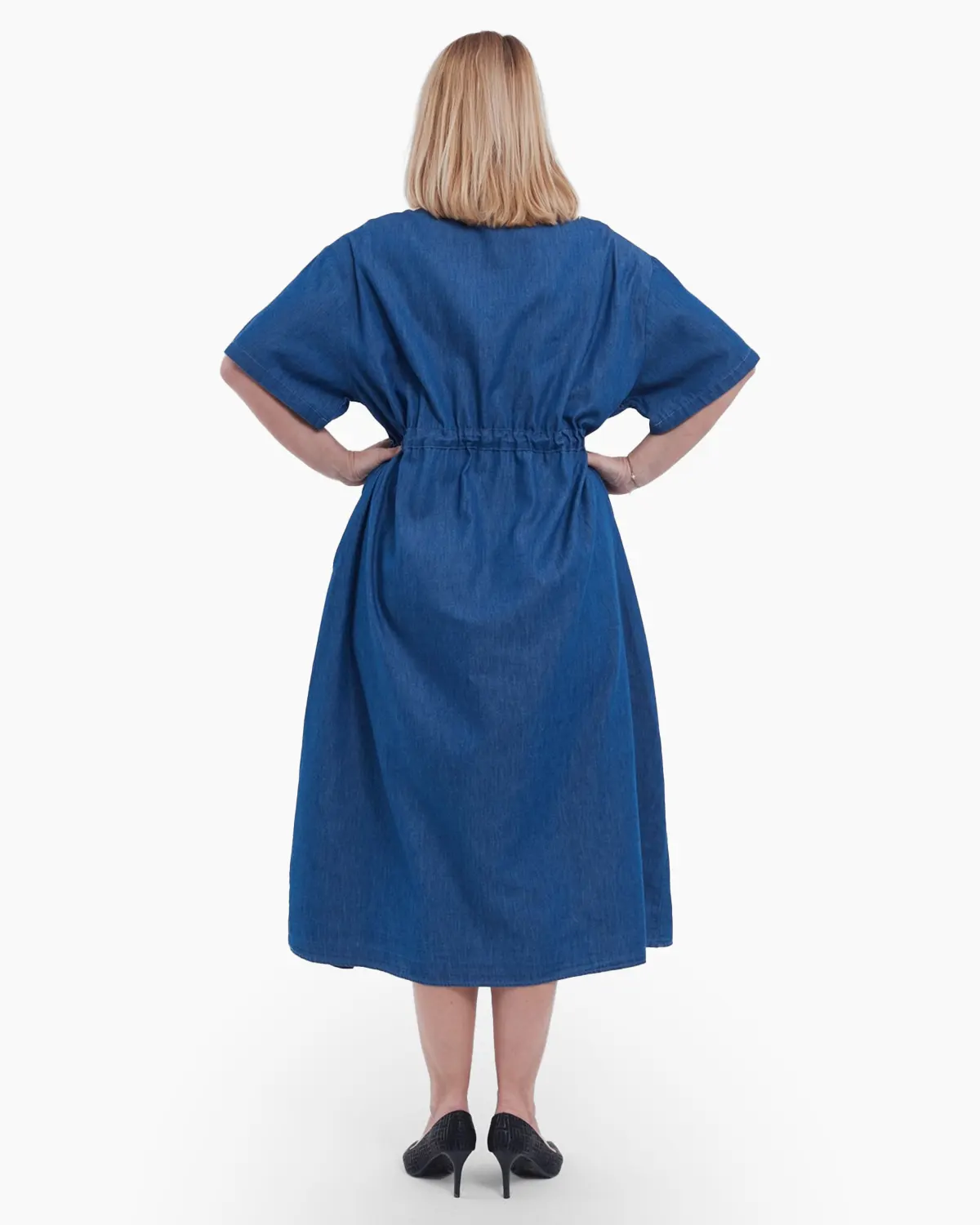 Rochie lunga de vara tip camasa cu nasturi snur in talie umeri cazuti si buzunare discrete talie unica albastru [2]