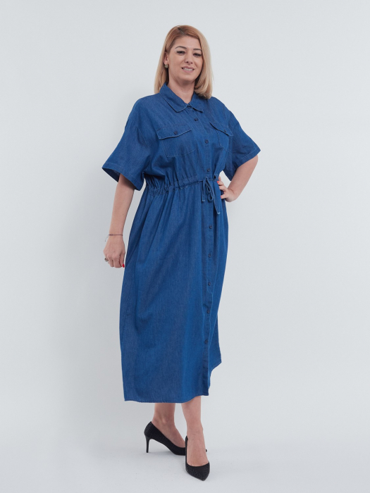 Rochie lunga de vara tip camasa cu nasturi snur in talie umeri cazuti si buzunare discrete talie unica albastru [3]
