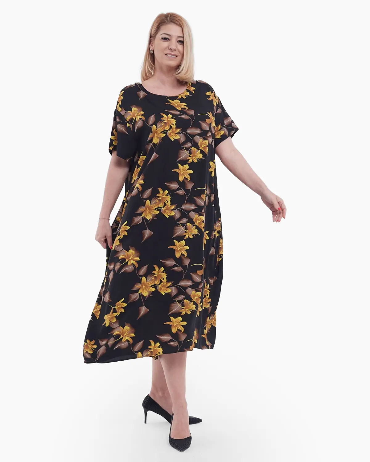 Rochie lunga de vara vaporoasa cu imprimeu floral delicat maneci scurte si buzunare ascunse din viscoza fluida stil casual negru [3]