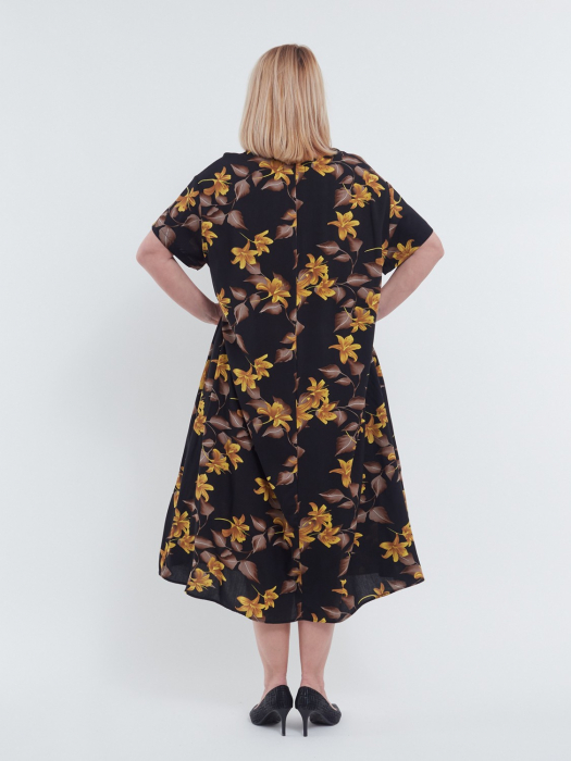 Rochie lunga de vara vaporoasa cu imprimeu floral delicat maneci scurte si buzunare ascunse din viscoza fluida stil casual negru [2]