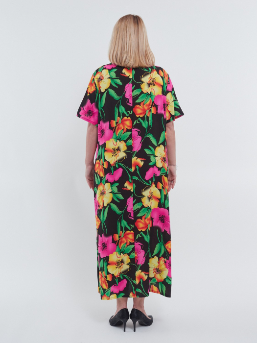 Rochie lunga de vara vaporoasa cu imprimeu floral vibrant decolteu in V si croi lejer A din viscoza potrivita oricarei siluete multi [3]