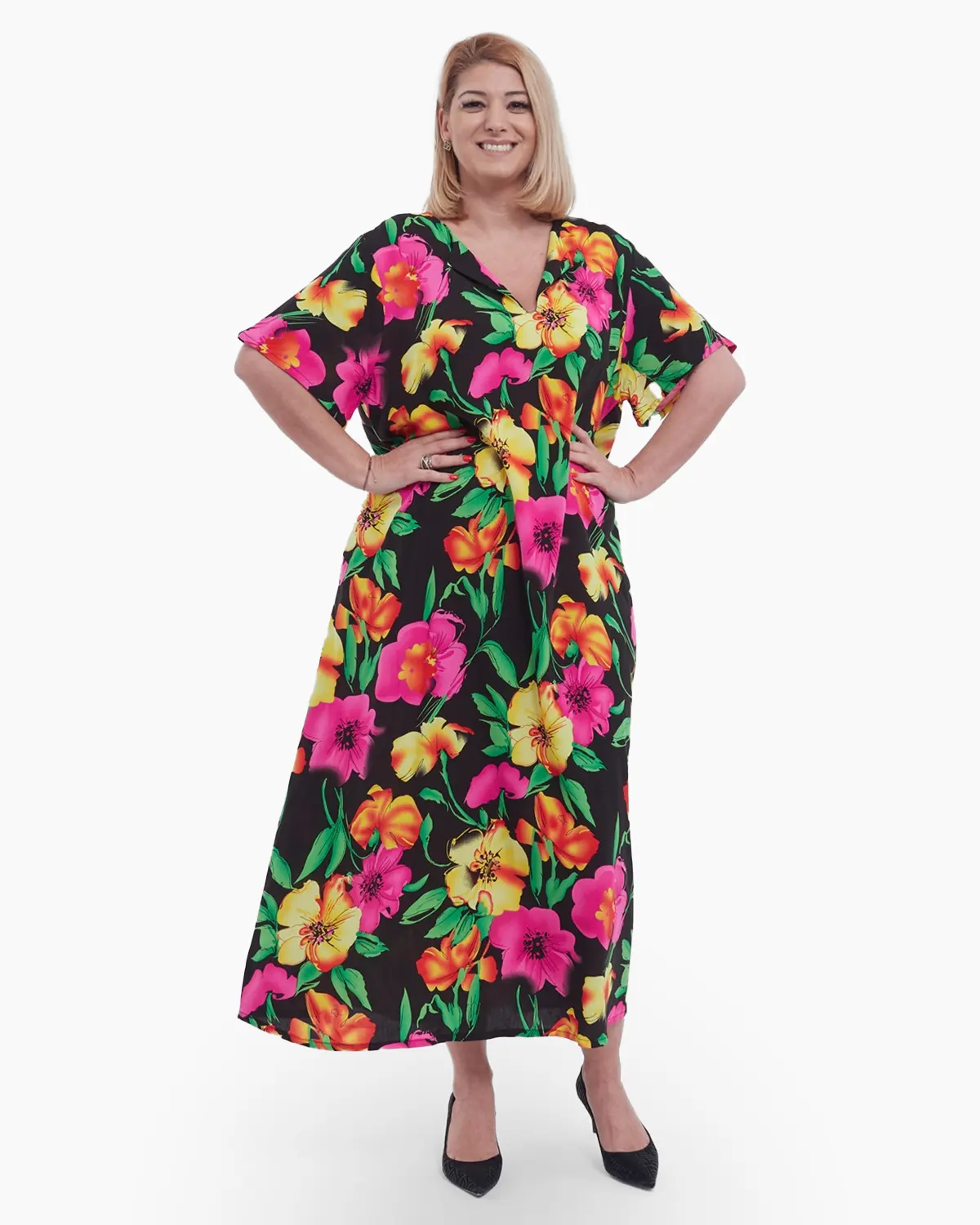 Rochie lunga de vara vaporoasa cu imprimeu floral vibrant decolteu in V si croi lejer A din viscoza potrivita oricarei siluete multi [4]