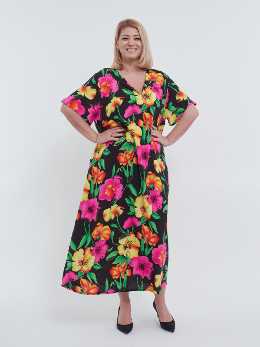 Rochie lunga de vara vaporoasa cu imprimeu floral vibrant decolteu in V si croi lejer A din viscoza potrivita oricarei siluete multi [4]