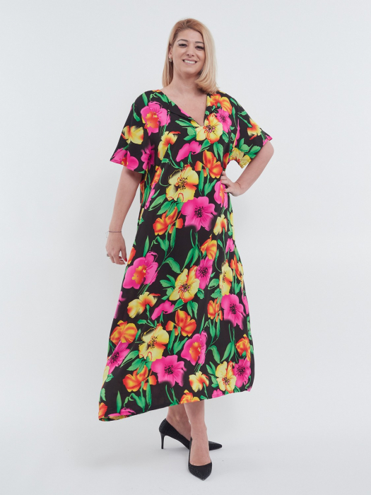 Rochie lunga de vara vaporoasa cu imprimeu floral vibrant decolteu in V si croi lejer A din viscoza potrivita oricarei siluete multi [2]