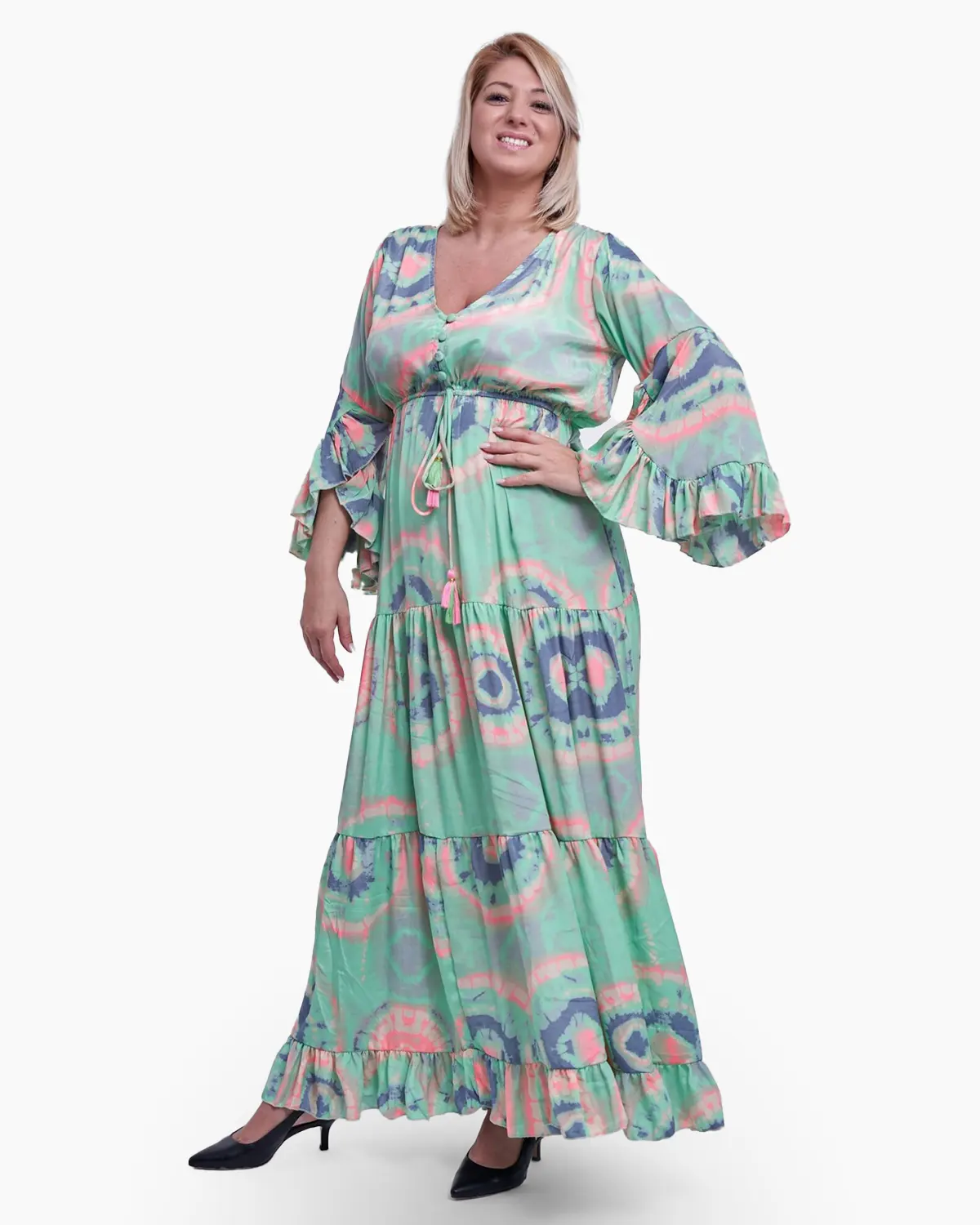 Rochie lunga din matase indiana, fond vernil [1]