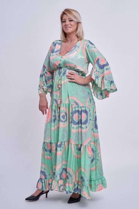Rochie lunga din matase indiana, fond vernil [4]