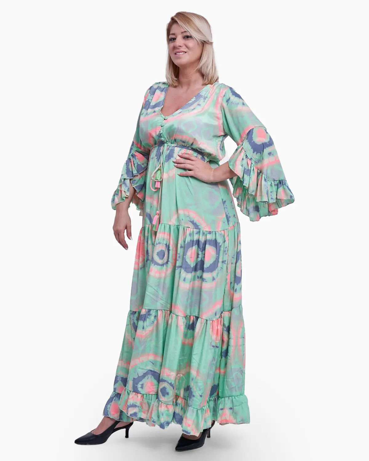 Rochie lunga din matase indiana, fond vernil [2]