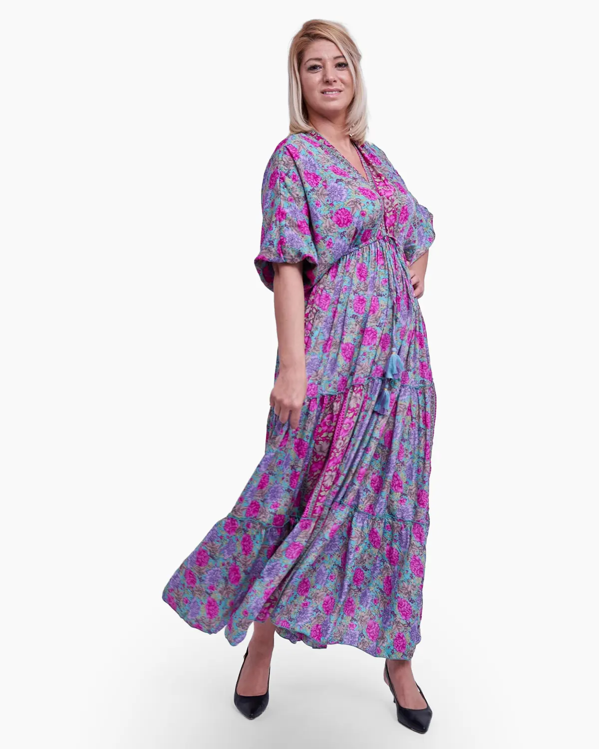 Rochie lunga din matase indiana, imprimeu floral, lila cu roz, cu volane ample [2]