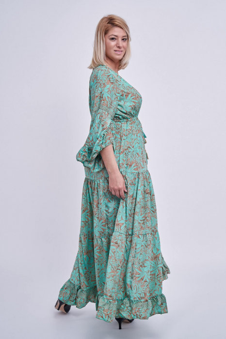 Rochie lunga din matase indiana,imprimeu floral, pe fond verde [2]