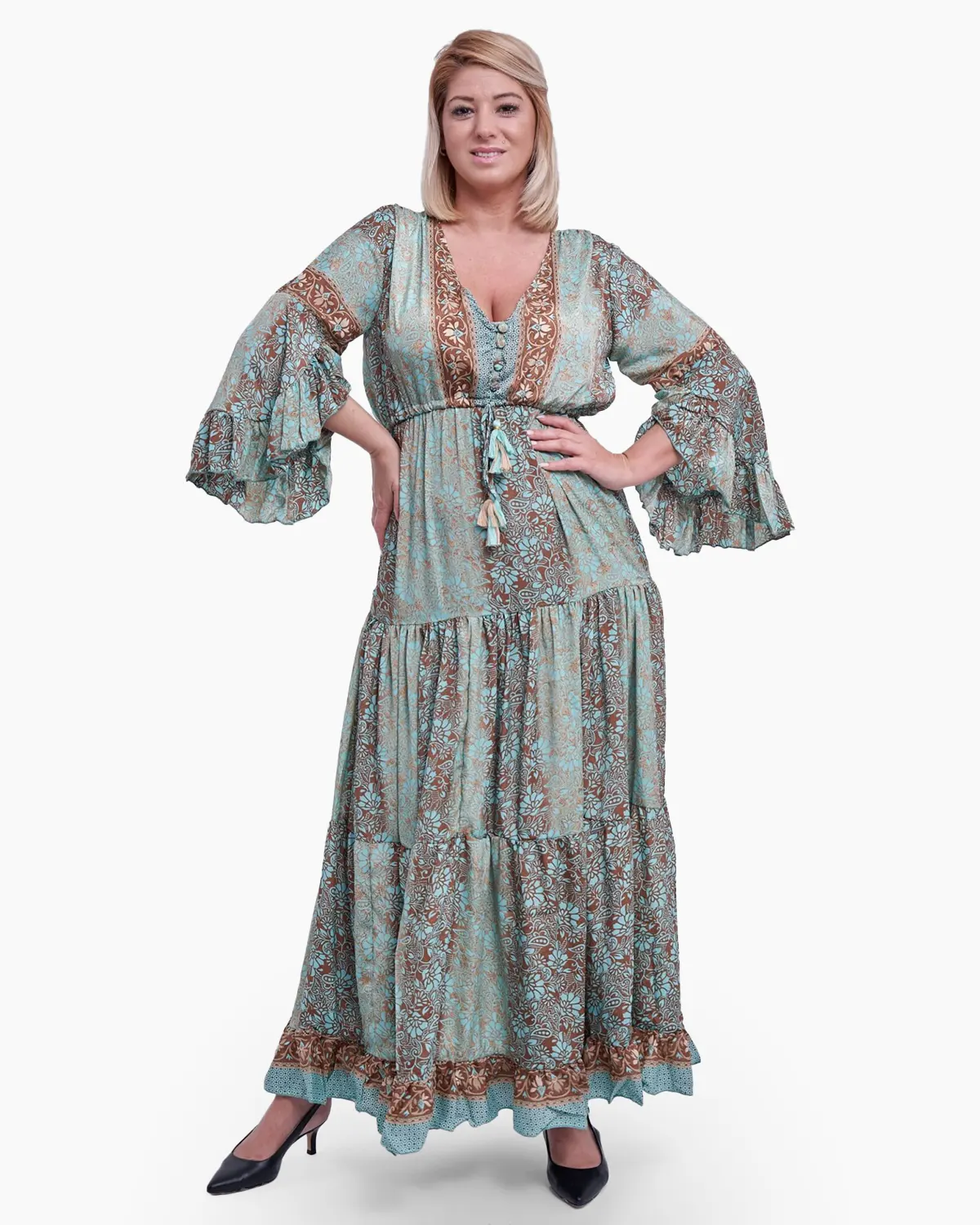 Rochie lunga din matase indiana, imprimeu floral, turcoaz si maro [1]