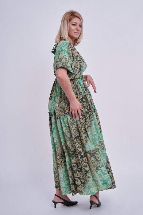 Rochie lunga din matase indiana, imprimeu floral, verde, cu volane ample [2]