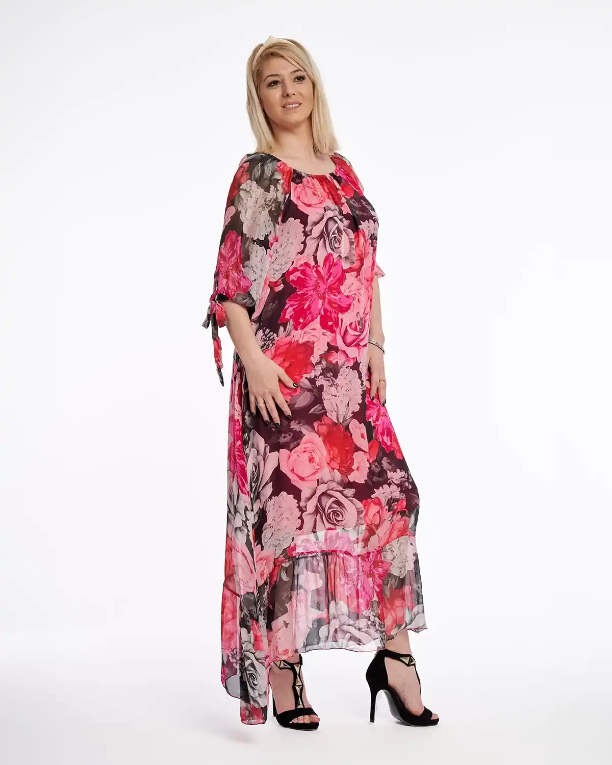 Rochie lunga, din matase pe fond negru cu roz, imprimeu floral [2]