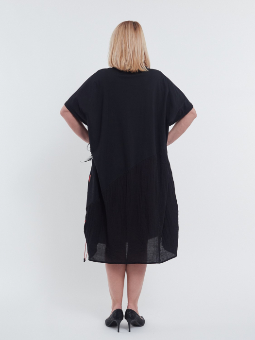 Rochie lunga eleganta casual de vara din bumbac cu umeri cazuti croi A-line lejer si imprimeu floral delicat in partea inferioara negru rosu [2]