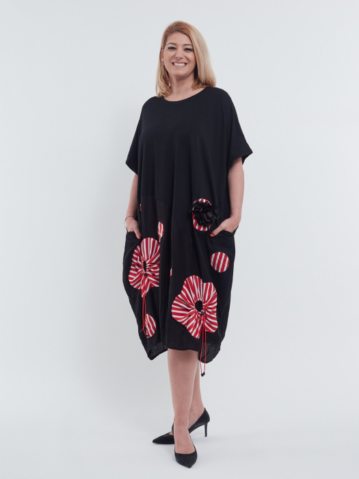Rochie lunga eleganta casual de vara din bumbac cu umeri cazuti croi A-line lejer si imprimeu floral delicat in partea inferioara negru rosu [4]