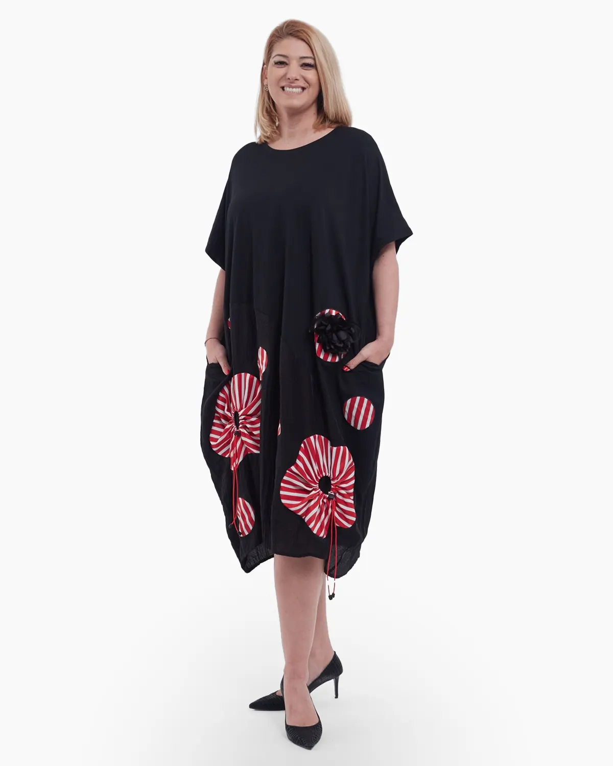 Rochie lunga eleganta casual de vara din bumbac cu umeri cazuti croi A-line lejer si imprimeu floral delicat in partea inferioara negru rosu [4]