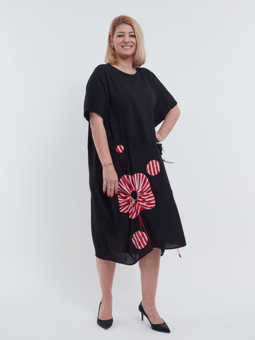 Rochie lunga eleganta casual de vara din bumbac cu umeri cazuti croi A-line lejer si imprimeu floral delicat in partea inferioara negru rosu [3]