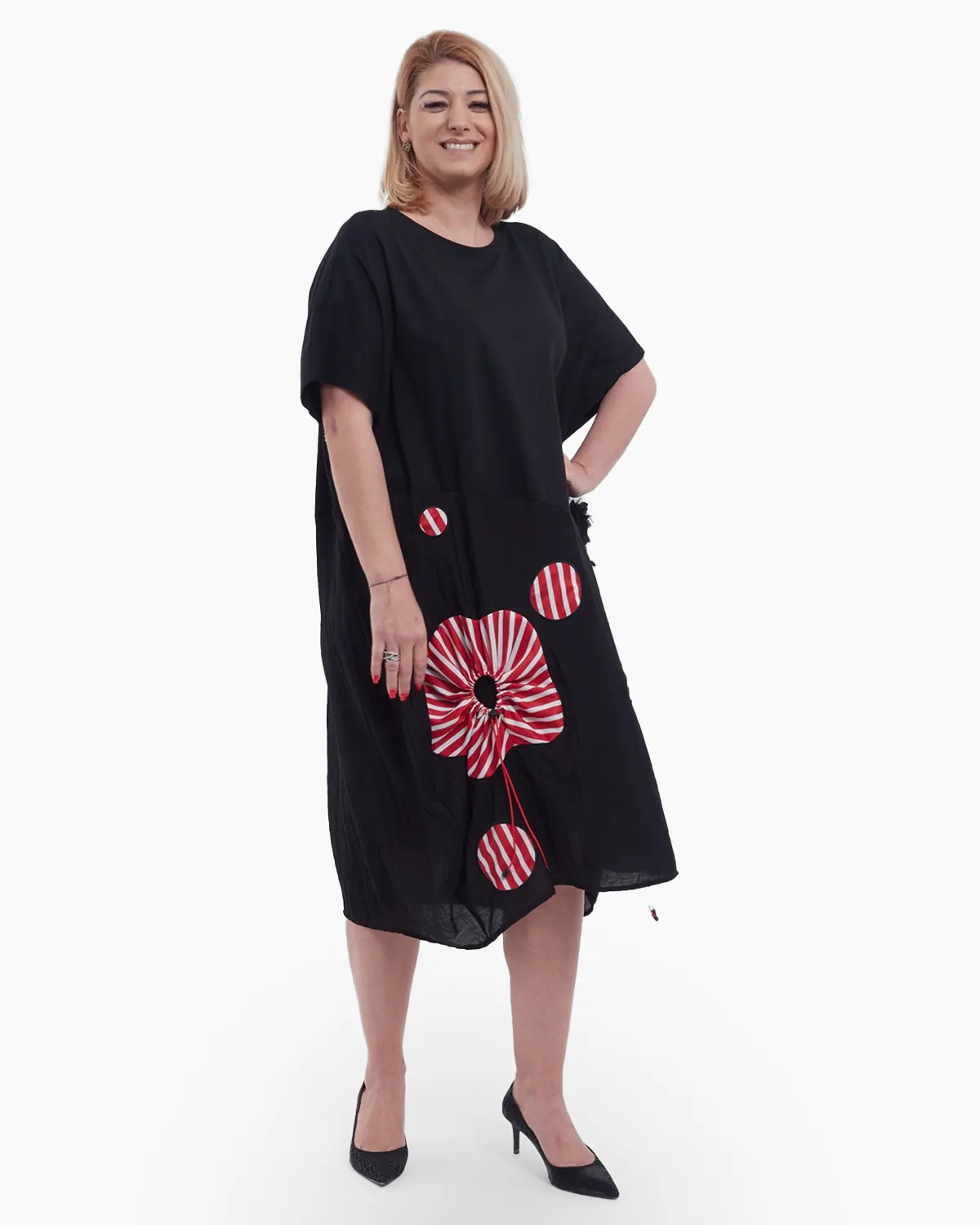Rochie lunga eleganta casual de vara din bumbac cu umeri cazuti croi A-line lejer si imprimeu floral delicat in partea inferioara negru rosu [3]