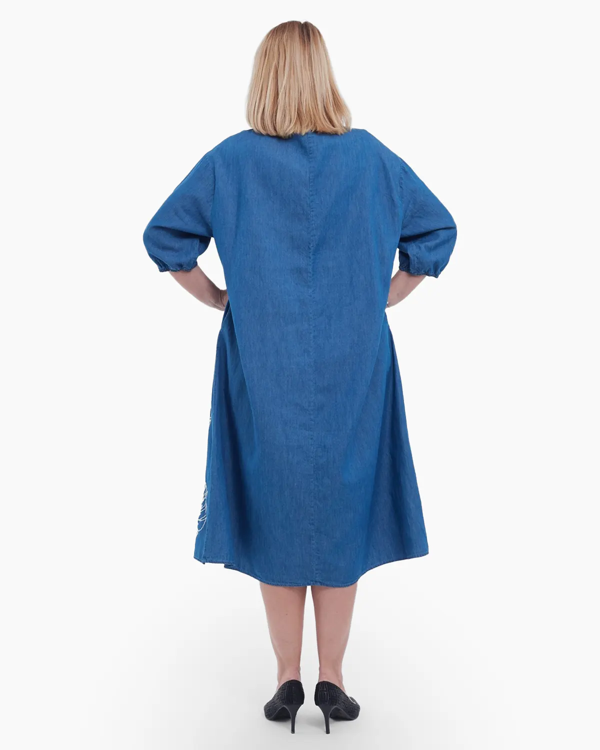Rochie lunga eleganta de vara cu frunze monstera delicat brodate maneci trei sferturi din bumbac si lyocel albastru [2]