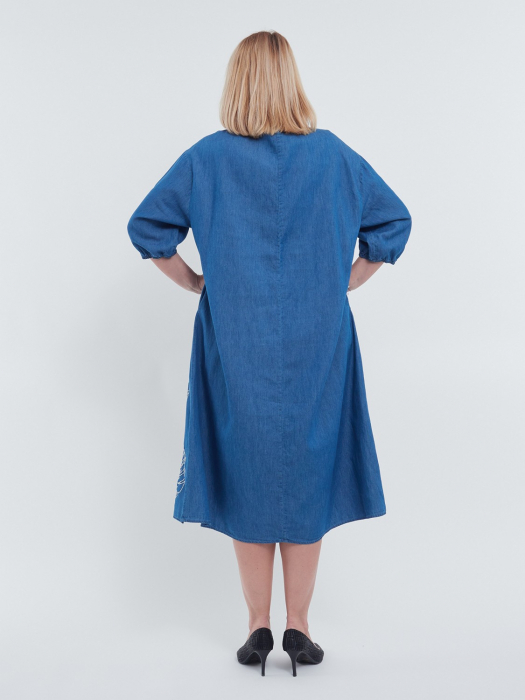 Rochie lunga eleganta de vara cu frunze monstera delicat brodate maneci trei sferturi din bumbac si lyocel albastru [2]