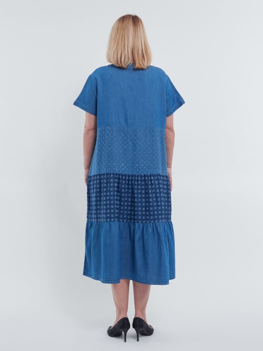 Rochie lunga feminina de vara cu volane etajate aspect denim versatila si confortabila din bumbac si lyocell albastru [2]