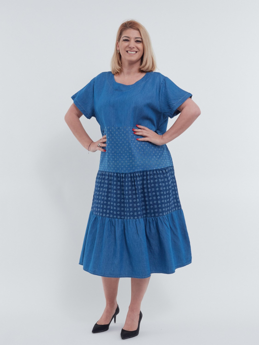 Rochie lunga feminina de vara cu volane etajate aspect denim versatila si confortabila din bumbac si lyocell albastru [4]