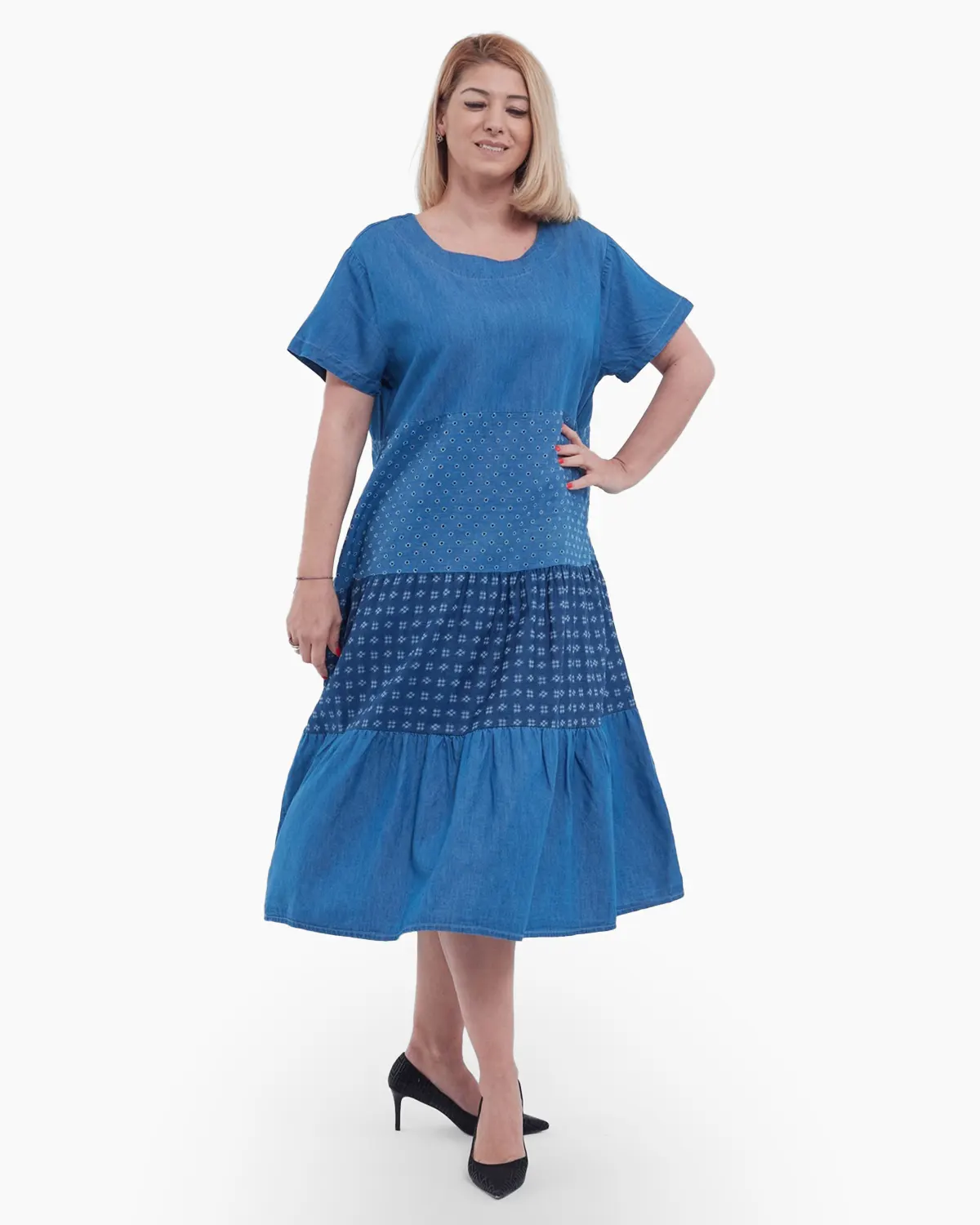 Rochie lunga feminina de vara cu volane etajate aspect denim versatila si confortabila din bumbac si lyocell albastru [3]