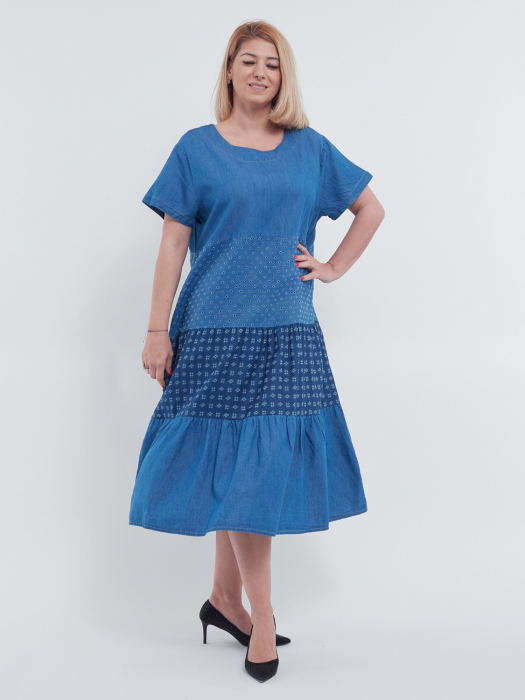 Rochie lunga feminina de vara cu volane etajate aspect denim versatila si confortabila din bumbac si lyocell albastru [3]