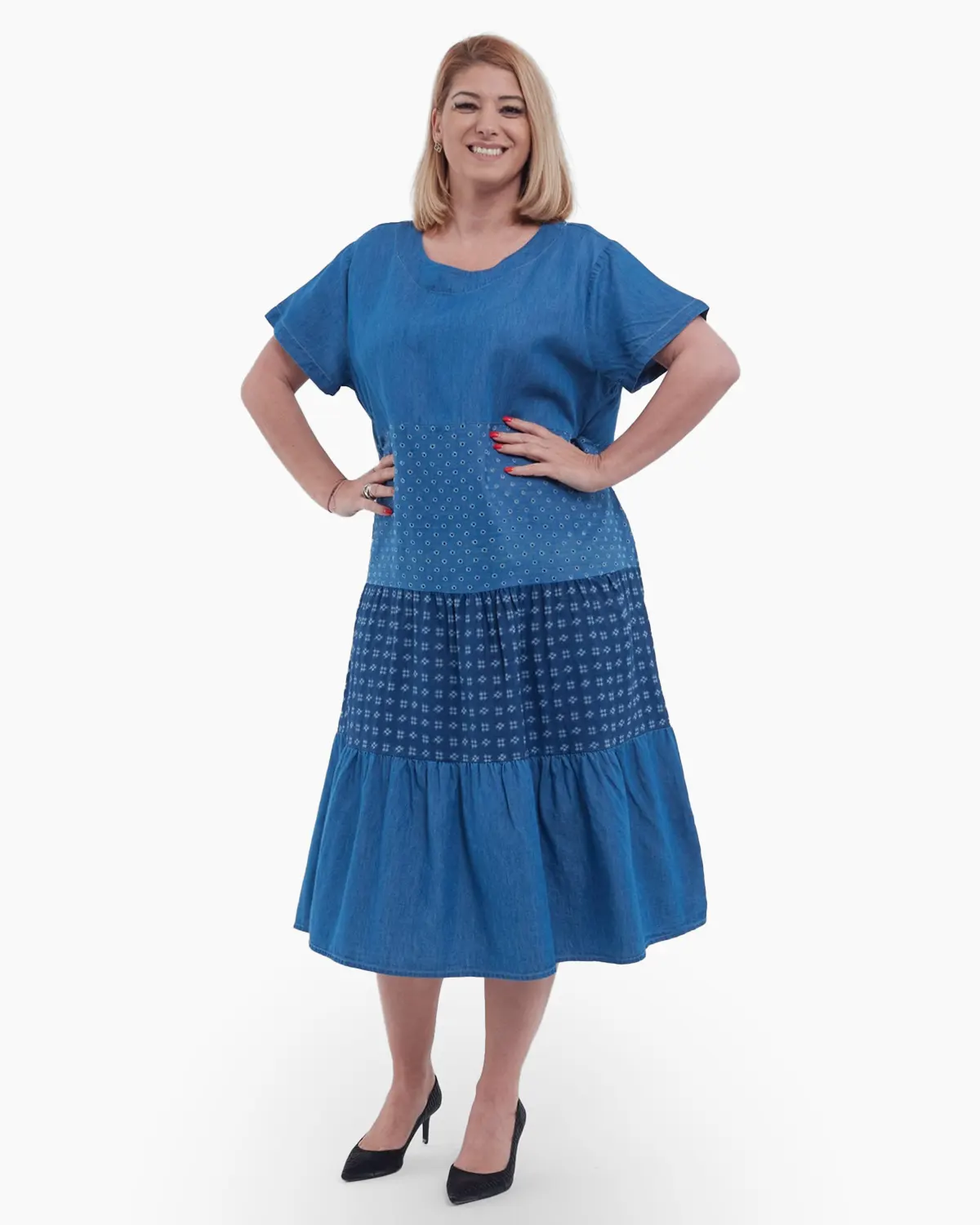 Rochie lunga feminina de vara cu volane etajate aspect denim versatila si confortabila din bumbac si lyocell albastru [4]