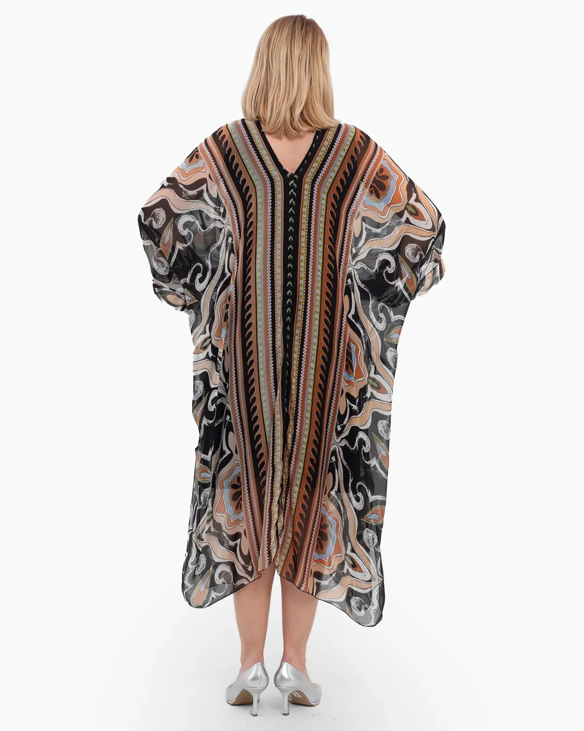 Rochie lungă fluidă tip poncho cu imprimeu vibrant neagră [2]
