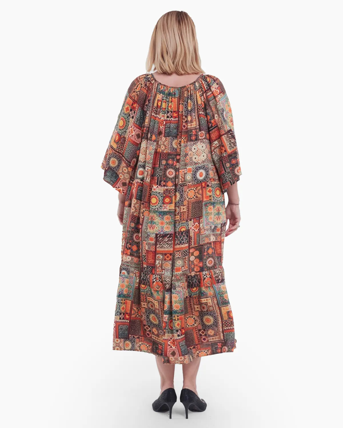 Rochie lungă grena vaporoasă stil boho cu decolteu pătrat și imprimeu mandala [2]