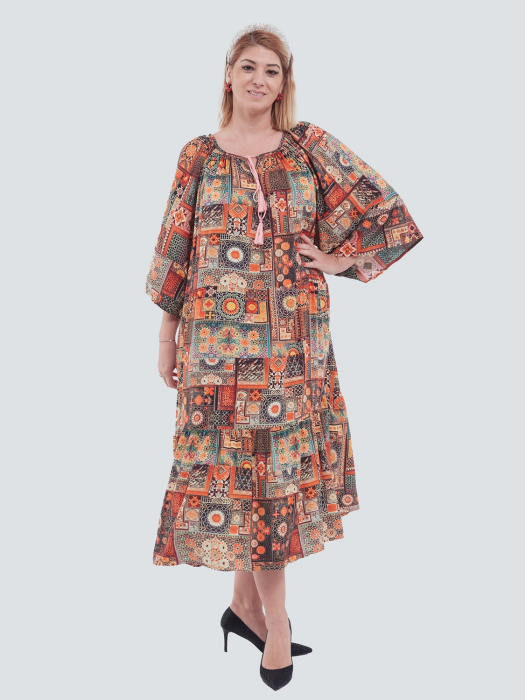 Rochie lungă grena vaporoasă stil boho cu decolteu pătrat și imprimeu mandala [3]