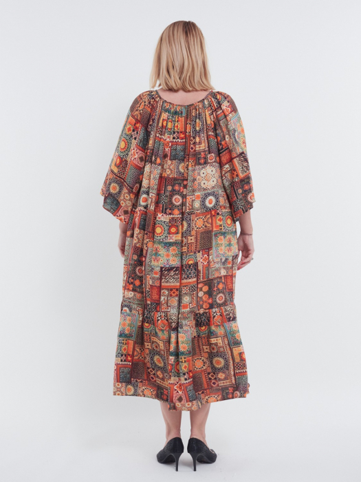 Rochie lungă grena vaporoasă stil boho cu decolteu pătrat și imprimeu mandala [2]