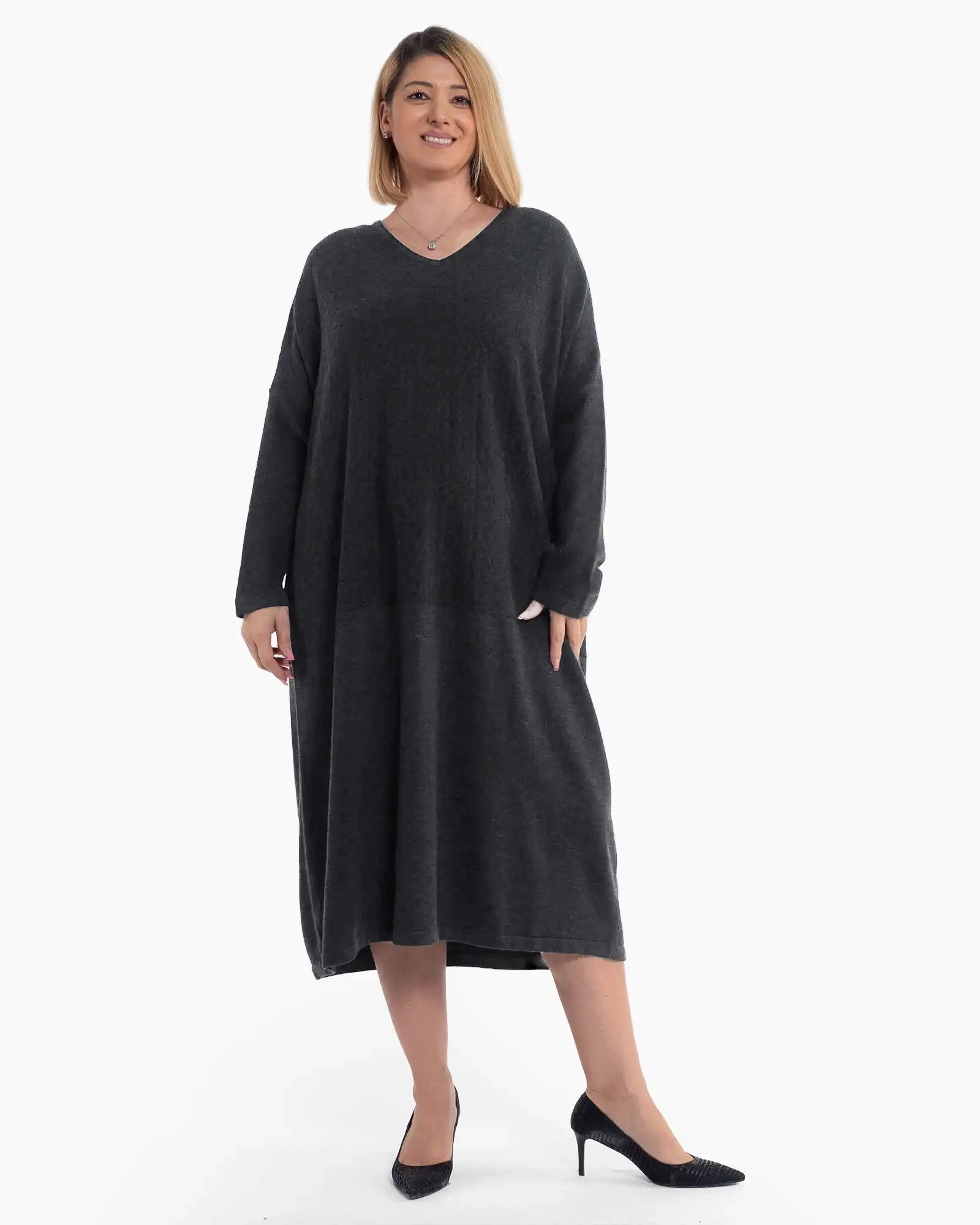 Rochie lungă gri din tricot de lână, cu eșarfă asortată [2]