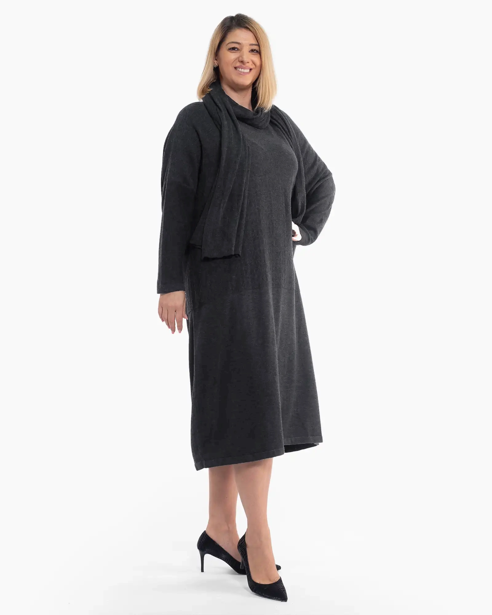 Rochie lungă gri din tricot de lână, cu eșarfă asortată [5]