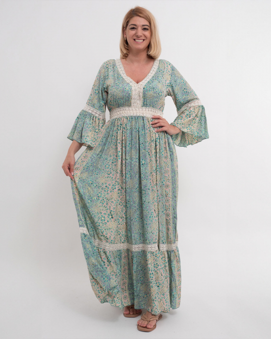 Rochie lungă indiană bleu cu broderie macrame și volane [1]
