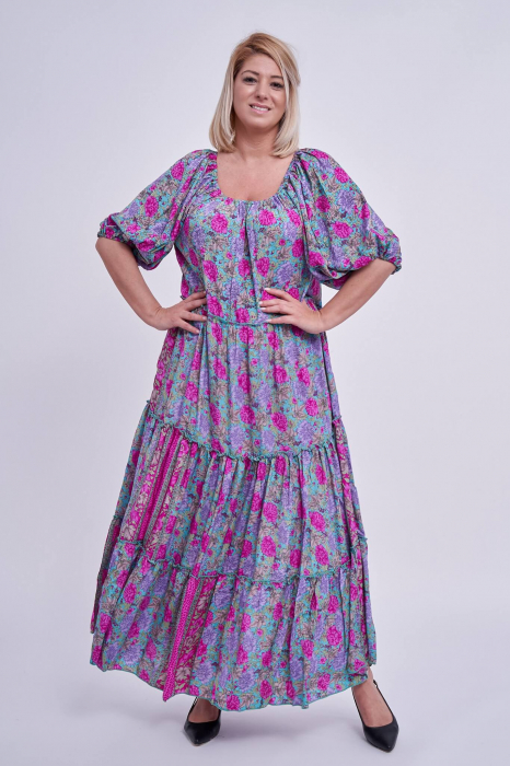 Rochie lunga indiana cu volane ample, imprimeu floral [3]