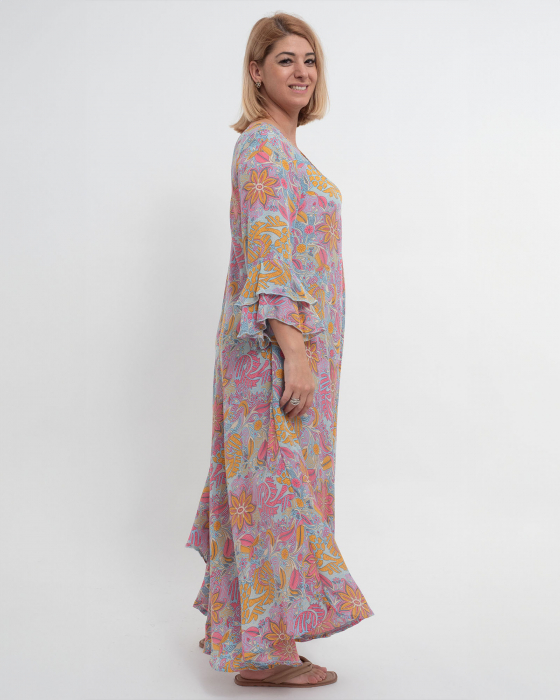 Rochie lungă multicoloră cu croială largă și volane la mâneci [4]