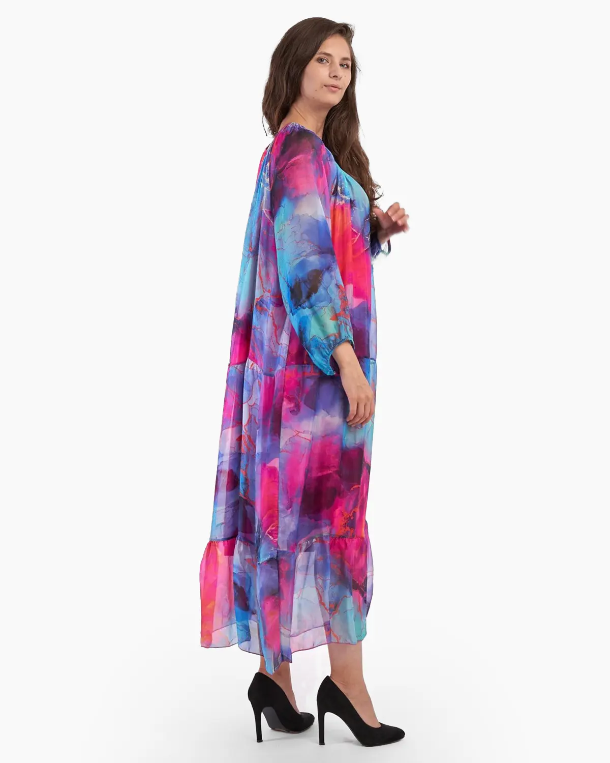 Rochie lunga, pe fond bleu-fucsia, din matase [3]