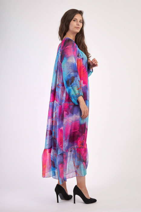 Rochie lunga, pe fond bleu-fucsia, din matase [3]